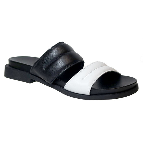 Black And White Arche Women's Makhao Leather Double Strap Slide Sandal Flat
