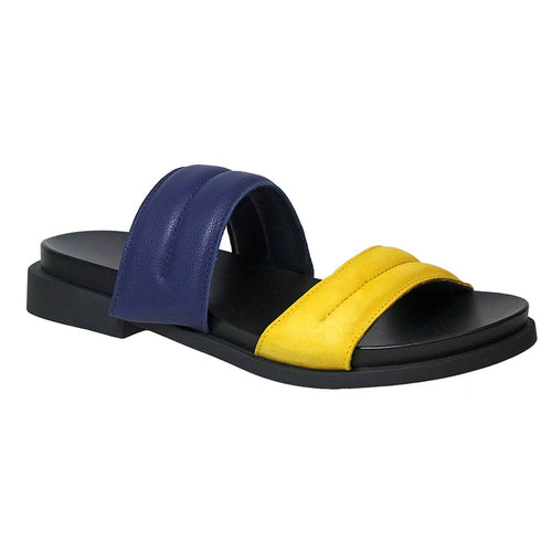 Zenith Yellow And Blue With Noir Black Sole Arche Women's Makhao Leather Double Strap Slide Sandal Flat