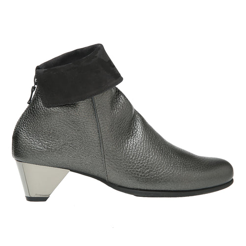 Ornoir Silver And Black Arche Women's Maraya Metallic Leather And Nubuck Mirror Heeled Ankle Boot Back Zipper