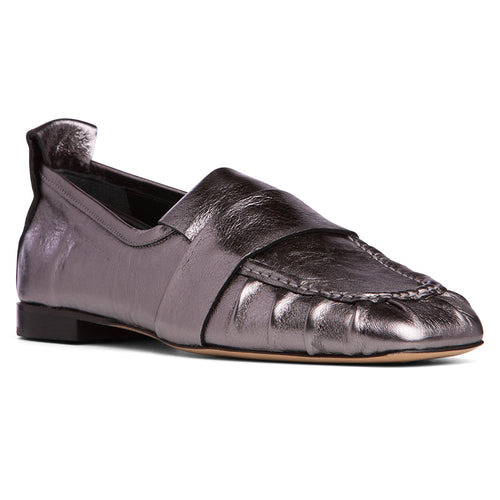 Silver With Black Sole Beautiisoles Women's Marcella Metallic Leather Loafer Profile View