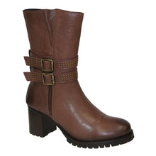 Load image into Gallery viewer, Brown Eric Michael Women&#39;s Mariska Leather Mid-Height Block Heel Boot Studded Double Buckle Straps Profile View
