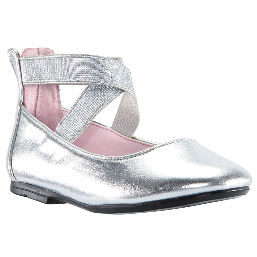Metallic Silver With Black Sole Nina Doll Girl's Marissa Vegan Patent Ballet Flat With Cross Strap Elastic Ankle Bands Sizes 13 And 1 to 10 Profile View