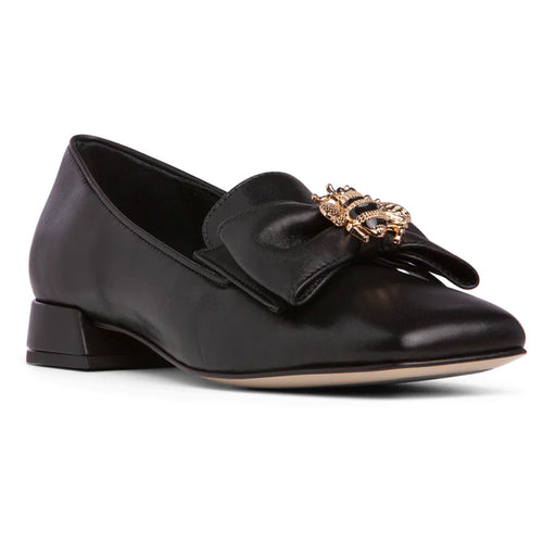 Black Beautiisoles Women's Marnie Leather Dress Loafer With Large Bow And Honeybee Jewel Profile View