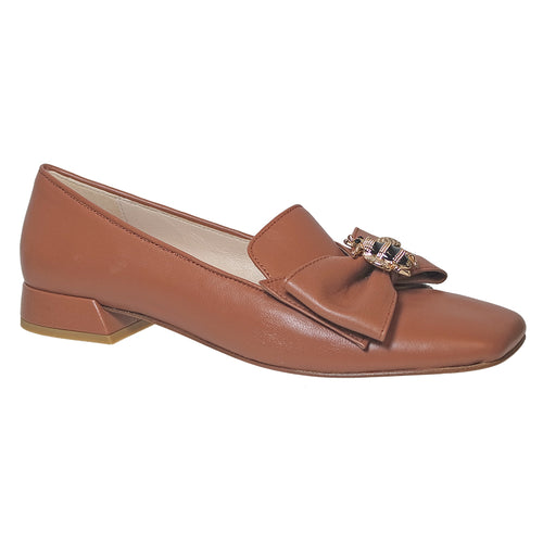 Tan Beautiisoles Women's Marnie Leather Dress Loafer With Large Bow And Honeybee Jewel Profile View