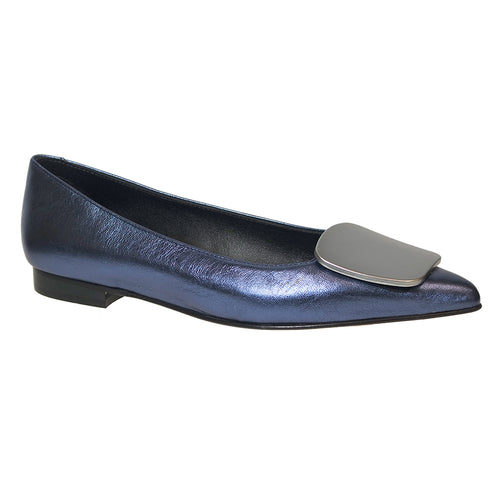 Navy With Black Sole Beautiisoles Women's Martina Metallic Leather Dress Ballet Flat With Rounded Square Silver Accent Profile View
