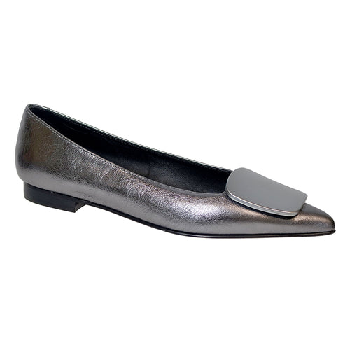 Pewter Silver With Black Sole Beautiisoles Women's Martina Metallic Leather Dress Ballet Flat With Rounded Square Accent Profile View