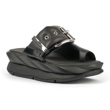 Load image into Gallery viewer, Black 4Ccccees Women&#39;s Mellow Glow Leather Toe Loop Platform Sandal Slide Profile View
