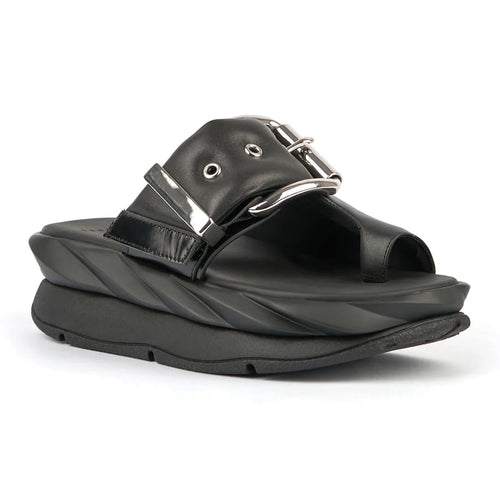 Black 4Ccccees Women's Mellow Glow Leather Toe Loop Platform Sandal Slide Profile View