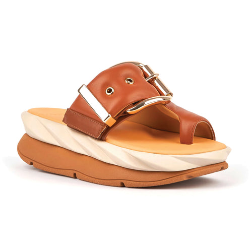 Brown Tan And Beige 4Ccccees Women's Mellow Glow Leather Toe Loop Platform Sandal Slide Profile View