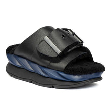 Load image into Gallery viewer, Night Black With Navy 4CCCCees Women&#39;s Mellow Laze Leather With Shearling Lining Single Buckle Strap Slide Sandal Profile VIew
