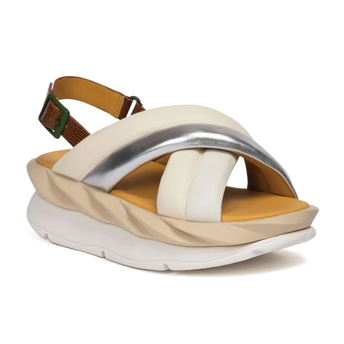 Cream Beige With Silver And Tan 4ccccees Women's mellow Mela Leather And Metallic Leather Cross Strap Back Buckle Strap Platform Sandal Profile View