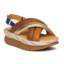 Load image into Gallery viewer, Tan With Gold And Beige And Blue 4ccccees Women&#39;s mellow Mela Leather And Metallic Leather Cross Strap Back Buckle Strap Platform Sandal Profile View
