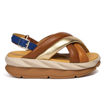 Load image into Gallery viewer, Tan With Gold And Beige And Blue 4ccccees Women&#39;s mellow Mela Leather And Metallic Leather Cross Strap Back Buckle Strap Platform Sandal Side View
