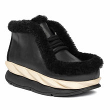 Load image into Gallery viewer, Black With Off White Midsole 4CCCCees Women&#39;s Leather With Shearling Accents Ankle Bootie Profile View
