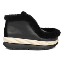 Load image into Gallery viewer, Black With Off White Midsole 4CCCCees Women&#39;s Leather With Shearling Accents Ankle Bootie Side View
