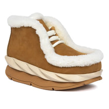 Load image into Gallery viewer, Tan With White And Off White Midsole 4CCCCees Women&#39;s Nubuck With Shearling Accents Ankle Bootie Profile View
