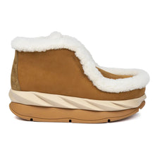 Load image into Gallery viewer, Tan With White And Off White Midsole 4CCCCees Women&#39;s Nubuck With Shearling Accents Ankle Bootie Side View
