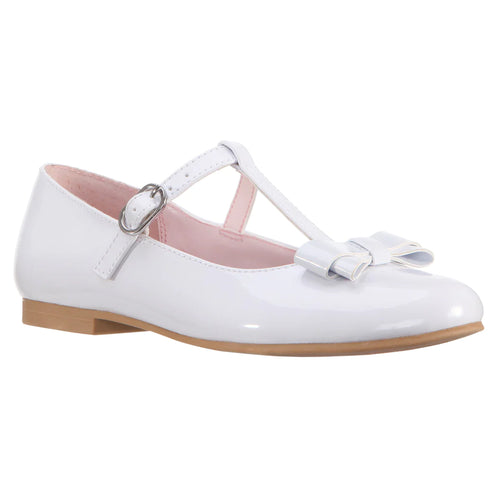 White With Tan Sole Nina Doll Girl's Merrilyn Vegan Patent Dress Ballet Flat T Strap Sizes 10 to 13 and 1 to 6 Profile View