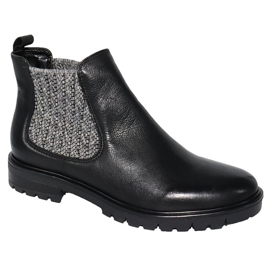 Black With Grey Stretch Fabric Eric Michael Women's Miranda Leather Chelsea Boot Profile View