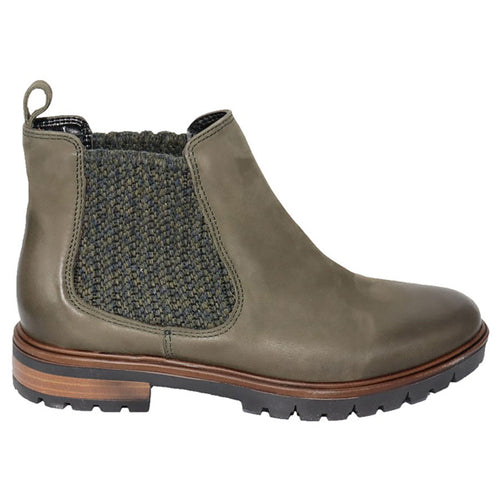Olive Green With Black And Brown Sole With Grey and Olive Stretch Fabric Eric Michael Women's Miranda Leather Chelsea Boot