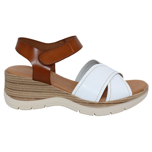 White With Dark Tan And Beige Sole Eric Michael Women's Missy Leather Cross Strap Quarter Strap Sandal