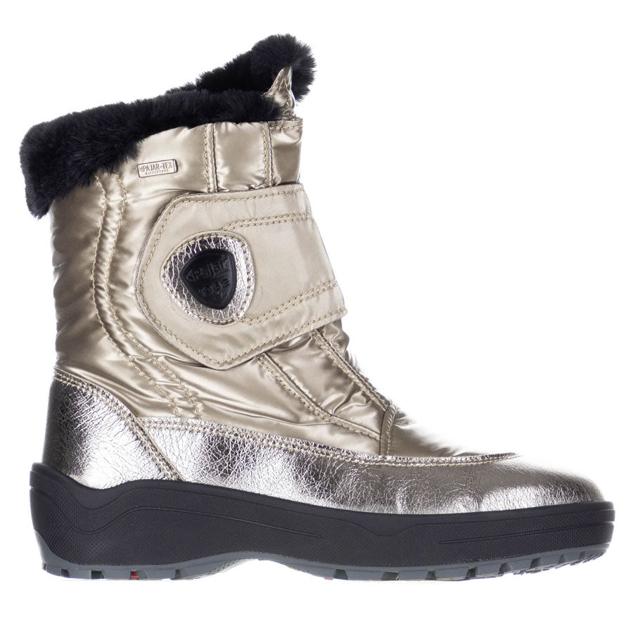 Pewter And Gold With Black And Grey Sole Pajar Women's Moscou 3.0 Waterproof Nylon And Black Fleece Lining Winter Bootie