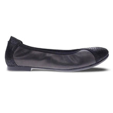 Load image into Gallery viewer, Black Revere Women&#39;s Nairobi Leather And Lizard Print Leather Ballet Flat Side View

