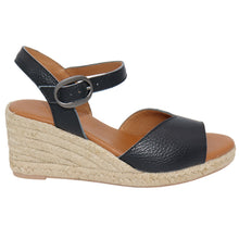 Load image into Gallery viewer, Black With Beige Sole Eric Michael Women&#39;s Napa Leather Quarter Strap Espadrille Wedge Sandal Side View
