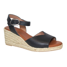 Load image into Gallery viewer, Black With Beige Sole Eric Michael Women&#39;s Napa Leather Quarter Strap Espadrille Wedge Sandal Profile View
