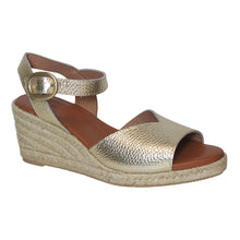 Load image into Gallery viewer, Gold With Beige Sole Eric Michael Women&#39;s Napa Metallic Leather Quarter Strap Espadrille Wedge Sandal Profile View View
