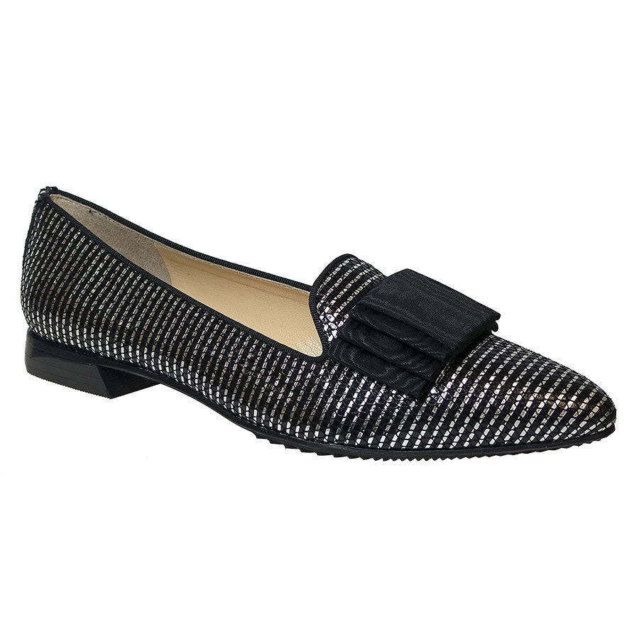 Nero Black With Metallic Silver Brunate Women's Carol Crocco Leather Dress Loafer Flat With Rectangular Fabric Bow Ornamentation