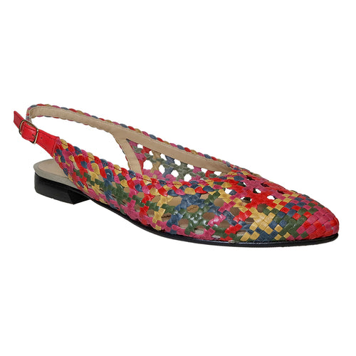 Red Abd Green And Pink And Blue And Beige Brunate Women's Woven Leather Slingback Flat Profile View