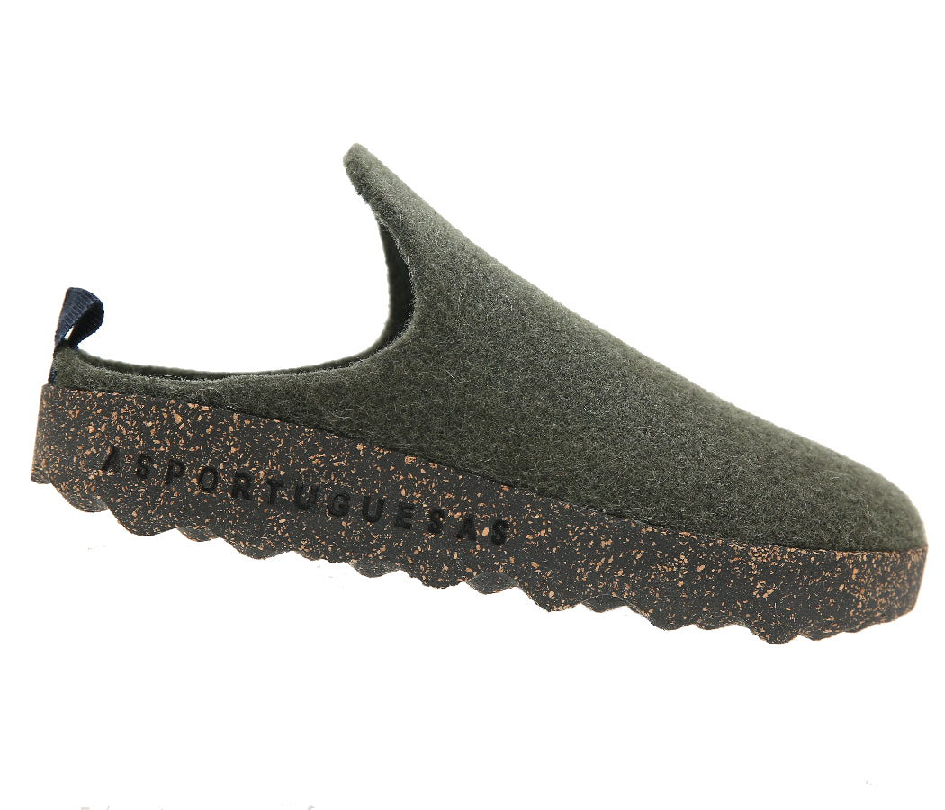 Military Green With Black And Brown Sole Asportuguesas Come023ASP Woolf Felt Slip On Clog Side View