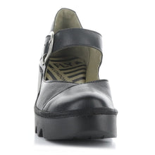 Load image into Gallery viewer, Black Fly London Women&#39;s Baxe428Fly Leather Mary Jane Wedge Front View

