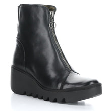 Load image into Gallery viewer, Black Fly London Women&#39;s Boce457Fly Leather Front Zipper Wedge Bootie Profile View
