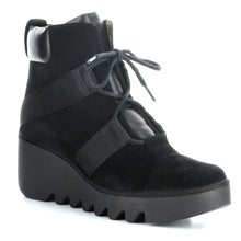 Load image into Gallery viewer, Black Fly London Women&#39;s Blom460Fly Suede And Fabric Wedge Bootie Profile View
