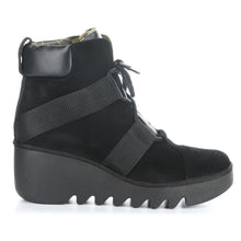 Load image into Gallery viewer, Black Fly London Women&#39;s Blom460Fly Suede And Fabric Wedge Bootie Side View
