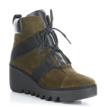 Load image into Gallery viewer, Sludge Green And Black Fly London Women&#39;s Blom460Fly Suede And Fabric Wedge Bootie Profile View
