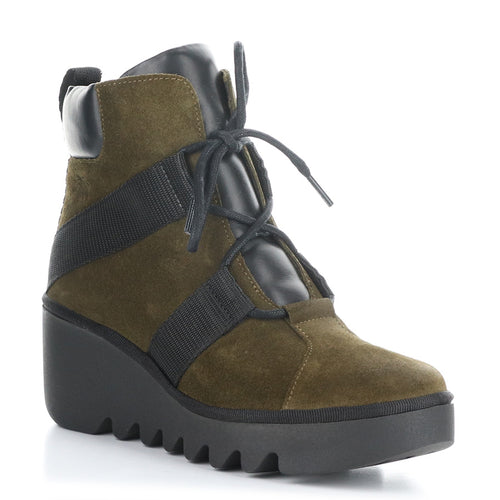 Sludge Green And Black Fly London Women's Blom460Fly Suede And Fabric Wedge Bootie Profile View