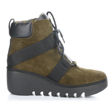Load image into Gallery viewer, Sludge Green And Black Fly London Women&#39;s Blom460Fly Suede And Fabric Wedge Bootie Side View
