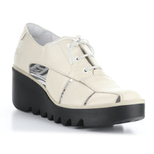 Load image into Gallery viewer, Off White With Black Sole Fly London Women&#39;s Bogi466Fly Leather Oxford Sandal Wedge Profile View
