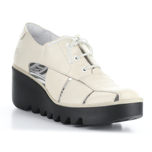 Off White With Black Sole Fly London Women's Bogi466Fly Leather Oxford Sandal Wedge Profile View