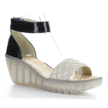 Load image into Gallery viewer, Black And White With Transparent Sole Fly London Women&#39;s Yaru471 Leather Wedge Sandal Profile View
