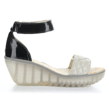 Load image into Gallery viewer, Black And White With Transparent Sole Fly London Women&#39;s Yaru471 Leather Wedge Sandal Side View
