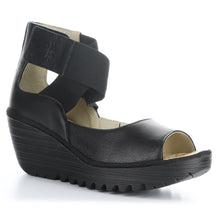 Load image into Gallery viewer, Black Fly London Women&#39;s Yefi471 Leather Velcro Strap Wedge Sandal Profile View
