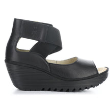 Load image into Gallery viewer, Black Fly London Women&#39;s Yefi471 Leather Velcro Strap Wedge Sandal Side View
