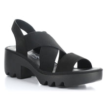 Load image into Gallery viewer, Black Women&#39;s Fly London Taji502Fly Leather And Elastic Strappy Heeled Sandal Profile View
