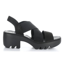 Load image into Gallery viewer, Black Women&#39;s Fly London Taji502Fly Leather And Elastic Strappy Heeled Sandal Side View

