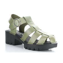 Load image into Gallery viewer, Light Green With Black Sole Fly London Women&#39;s Emme511fly Leather Strappy Block Heel Sandal Profile View
