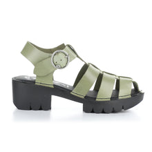 Load image into Gallery viewer, Light Green With Black Sole Fly London Women&#39;s Emme511fly Leather Strappy Block Heel Sandal Side View
